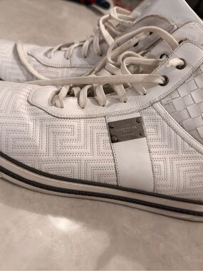 Versace White Quilted Leather High-Top Sneakers with Metal Logo Plate